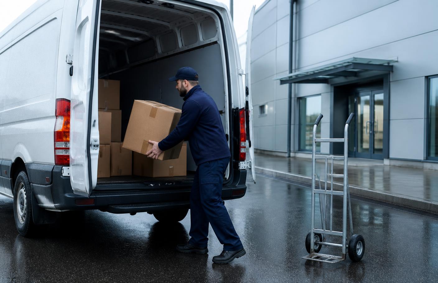 Delivery driver loading a carton into a white cargo van at a commercial building