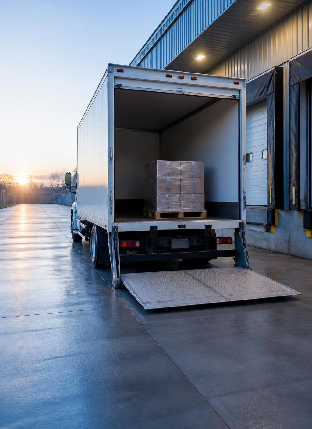 Box truck with liftgate lowered at a logistics loading dock at dawn
