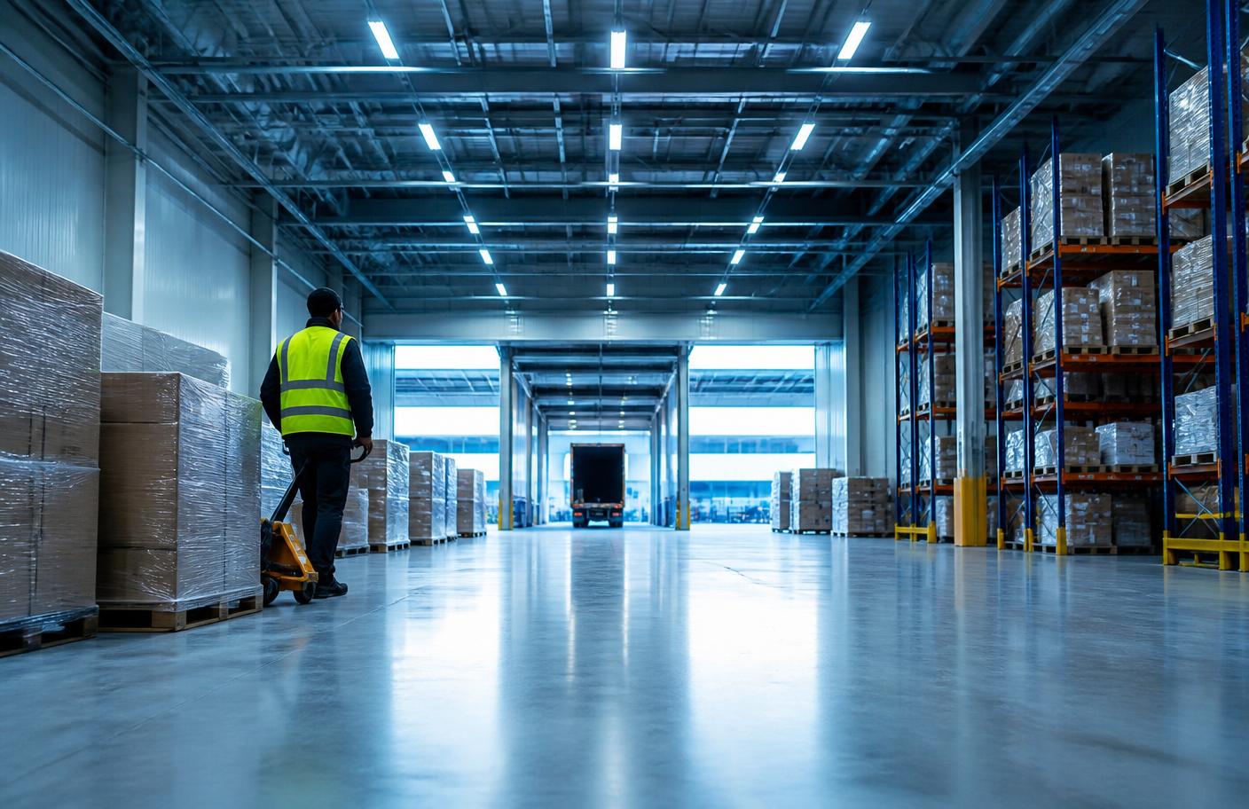 Warehouse associate moving staged pallets through a cross-dock facility